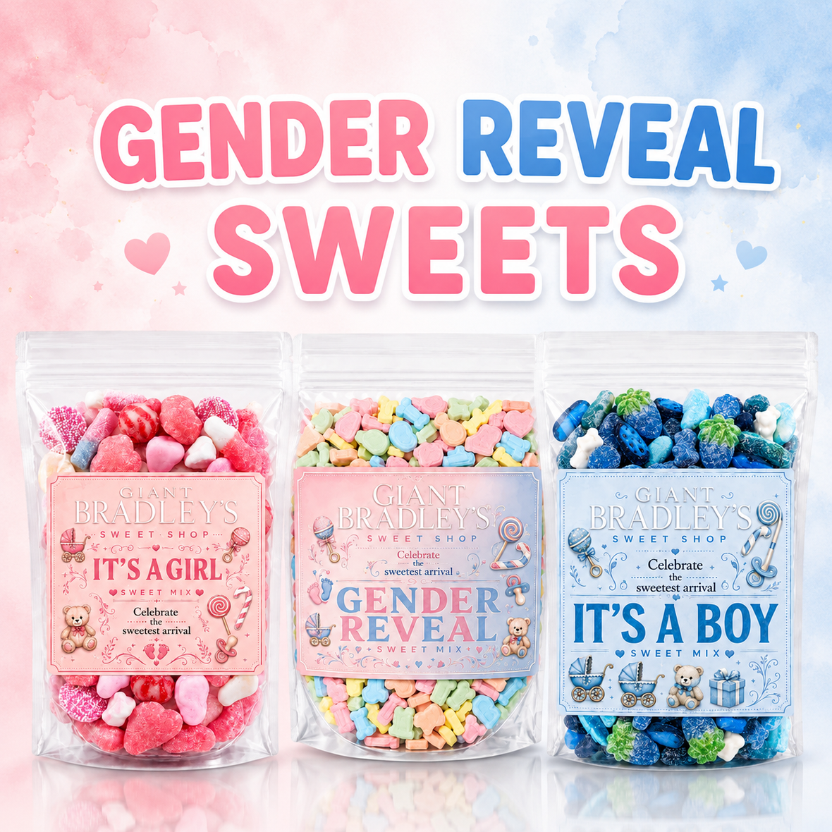 Three Giant Bradley’s Sweet Shop pouches featuring pink “It’s a Girl”, pastel “Gender Reveal” and blue “It’s a Boy” sweet mixes.