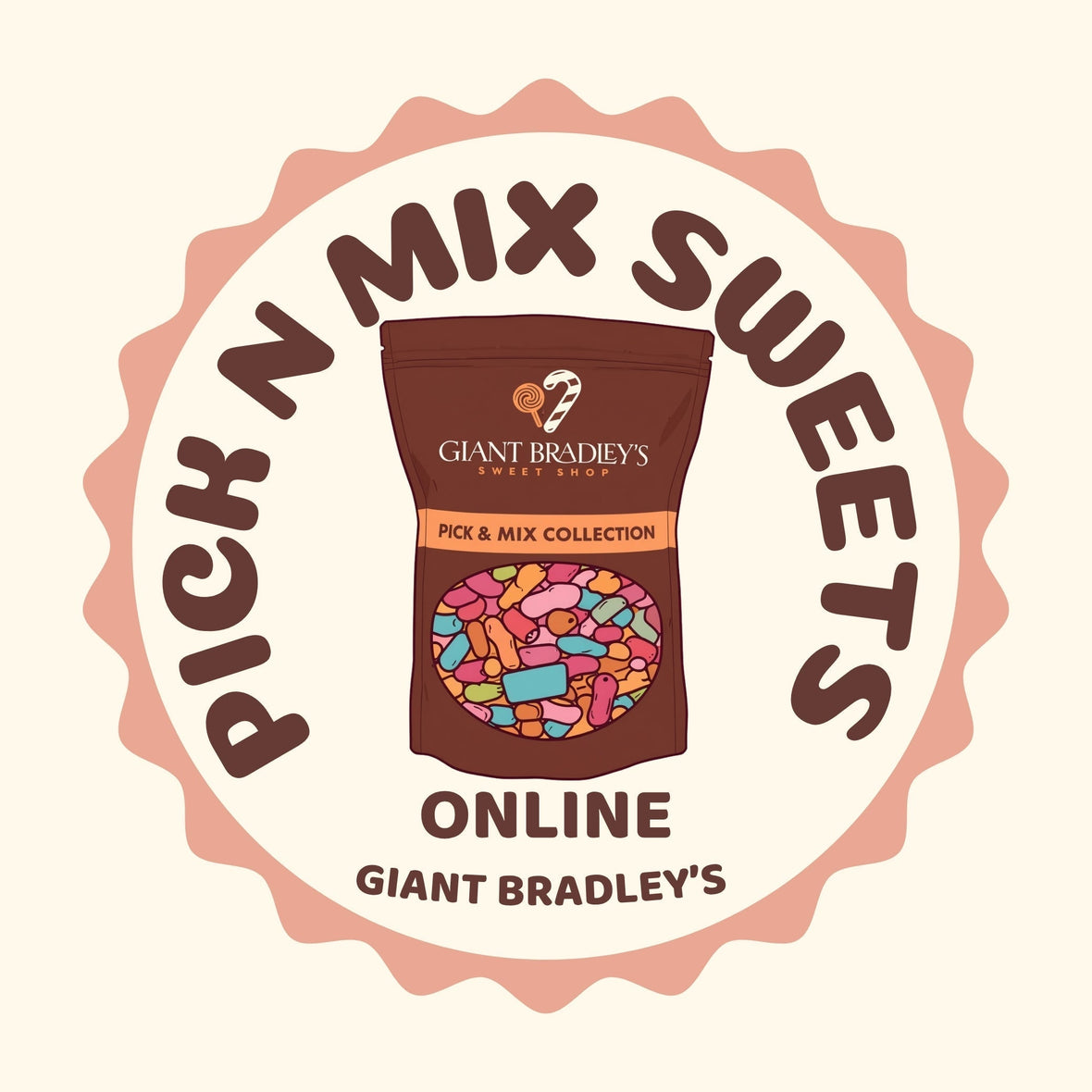 Colourful pick n mix sweets including fizzy, gummy, sour, jelly and retro sweets from Giant Bradley’s Sweet Shop