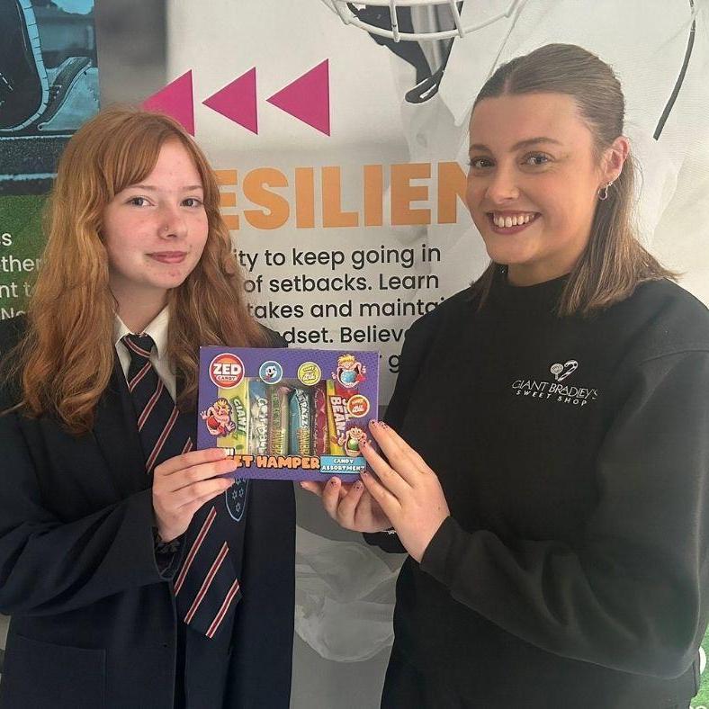 Ruby Visits The Market Weighton School for Attendance Rewards - Giant Bradley's Sweet Shop