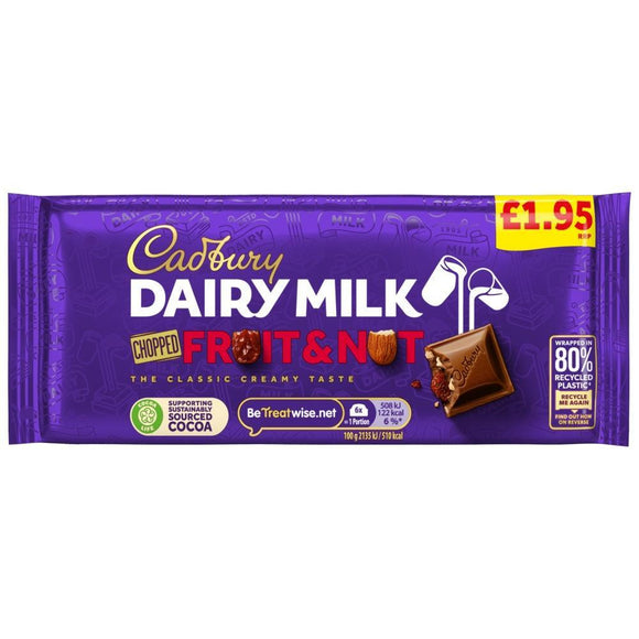 Cadbury Dairy Milk Fruit & Nut Chopped Chocolate Bar 95g PMP