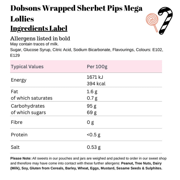 Dobsons Wrapped Sherbet Pips Mega Lollies