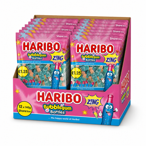 Haribo Fizzy Bubblegum Bottles Bags 140g PMP