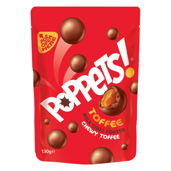 Poppets Milk Chocolate Coated Chewy Toffee Pouch 130g