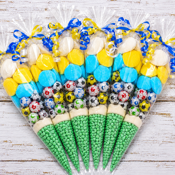 Prefilled Blue, Yellow and White Football-Inspired Sweet Cone x1