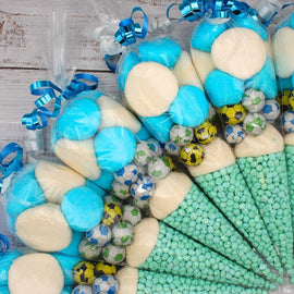 Prefilled Blue and White Football-Inspired Sweet Cone