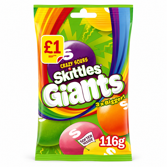 Skittles Giants Vegan Chewy Sour Sweets Fruit Flavoured Treat Bag PMP